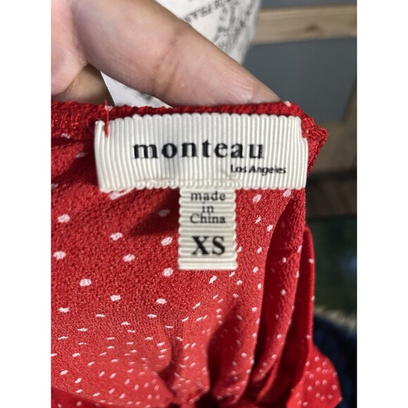 MONTEAU Red Polka Dot Puff Sleeve Mini Dress X-SMALL Swweetheart - Picture 8 of 9
